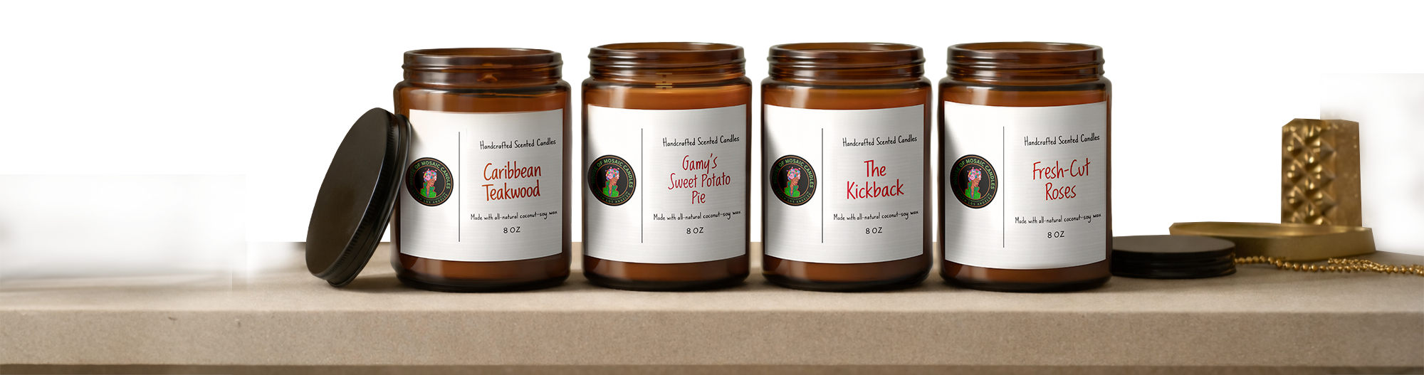 A row of four signature House of Mosaic candles including Caribbean Teakwood and The Kickback, highlighting the monthly subscription club.